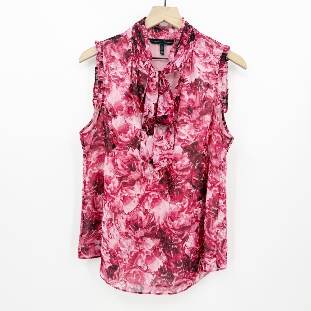 WHBM Floral Blouse Pink Sleeveless Ruffle Tie Neck L Romantic Feminine Coquette